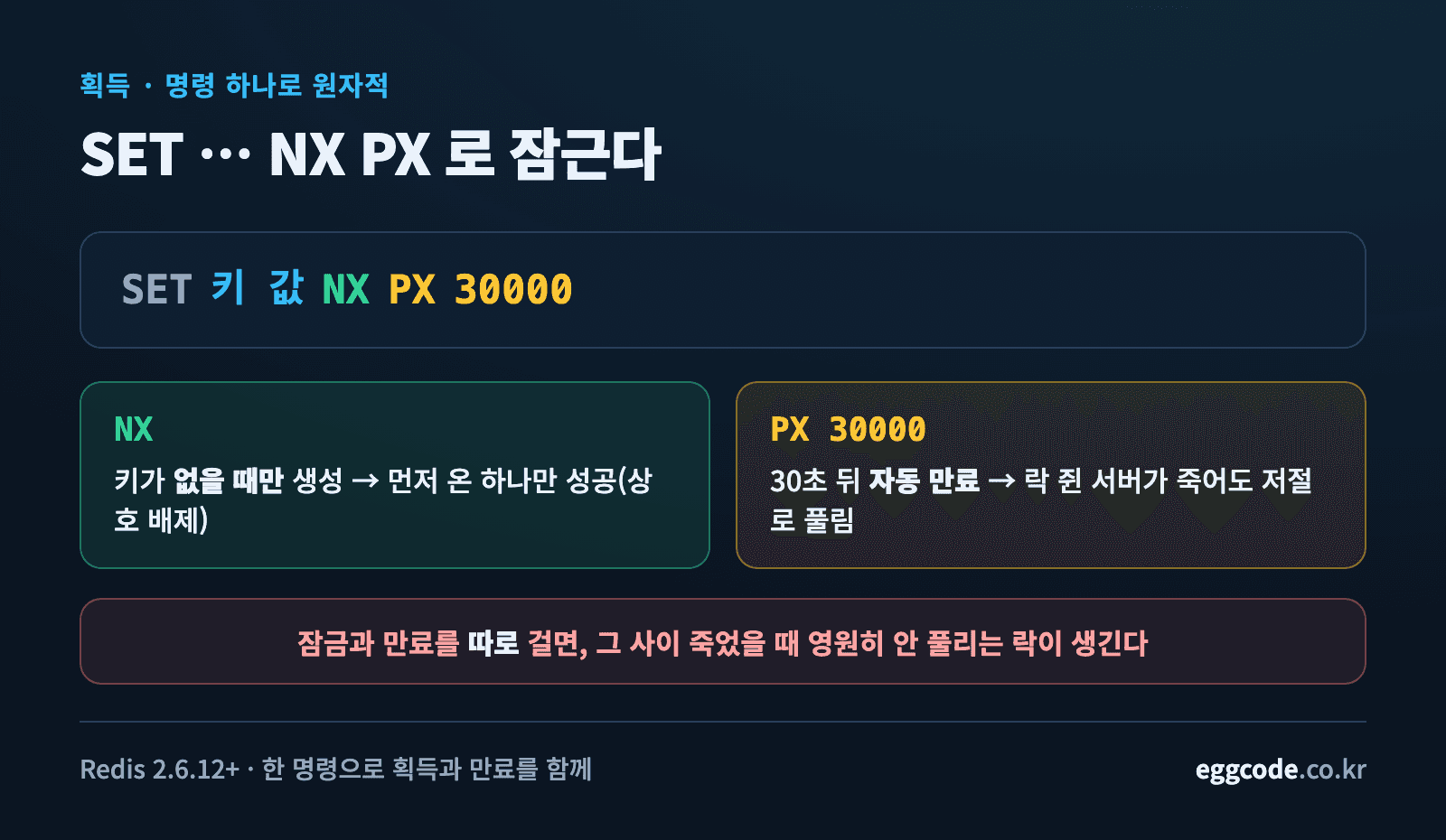 SET 명령의 NX는 없을 때만 생성, PX는 자동 만료임을 분해해 설명한 도식