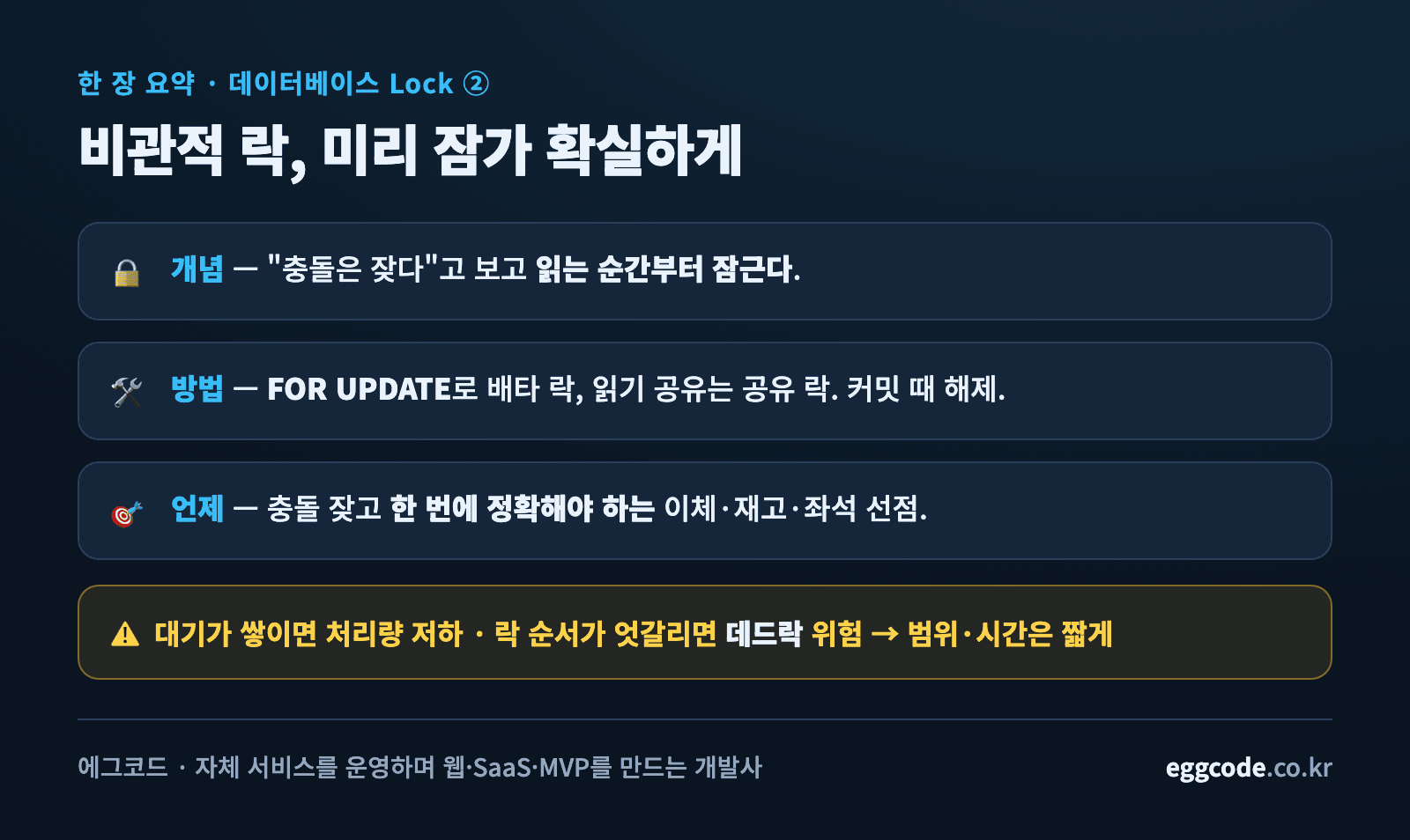 비관적 락이 잘 맞는 상황과 주의할 점을 정리한 요약 카드