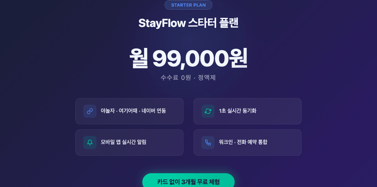 StayFlow 스타터 플랜 월 99000원 3개월 무료 체험 카드 불필요