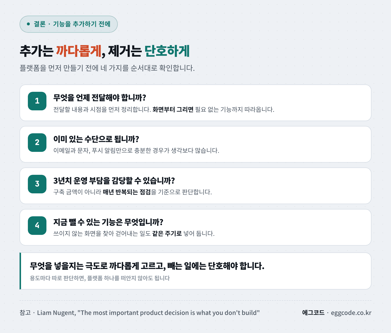 기능 추가 전에 확인할 네 가지 질문을 정리한 체크리스트