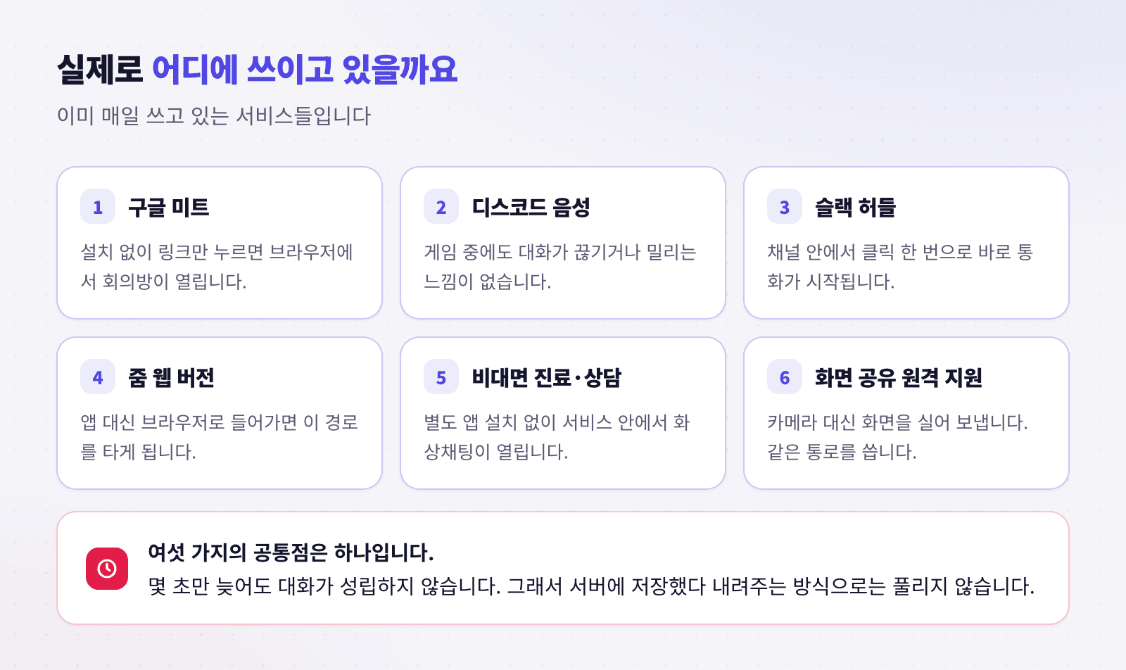 구글 미트 디스코드 슬랙 허들 등 실제 서비스의 WebRTC 활용 사례를 정리한 이미지